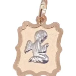 Medalha ouro 800‰ anjo bicolor rectangular bordas onduladas base amarela anjo branco relevo